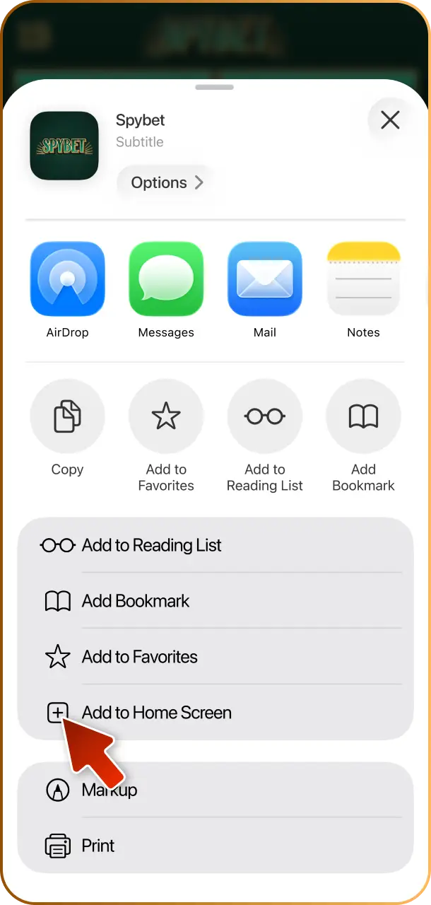 Tap Add to Home Screen to create a handy Web App shortcut for fast, one-tap access to Spybet on iOS.