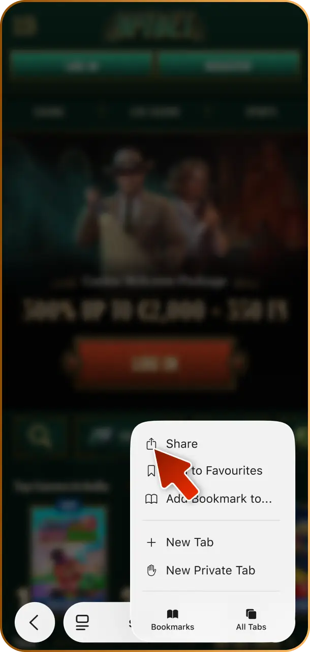 Tap Share Button in your Safari browser navigation bar to prepare setting up quick access to Spybet.