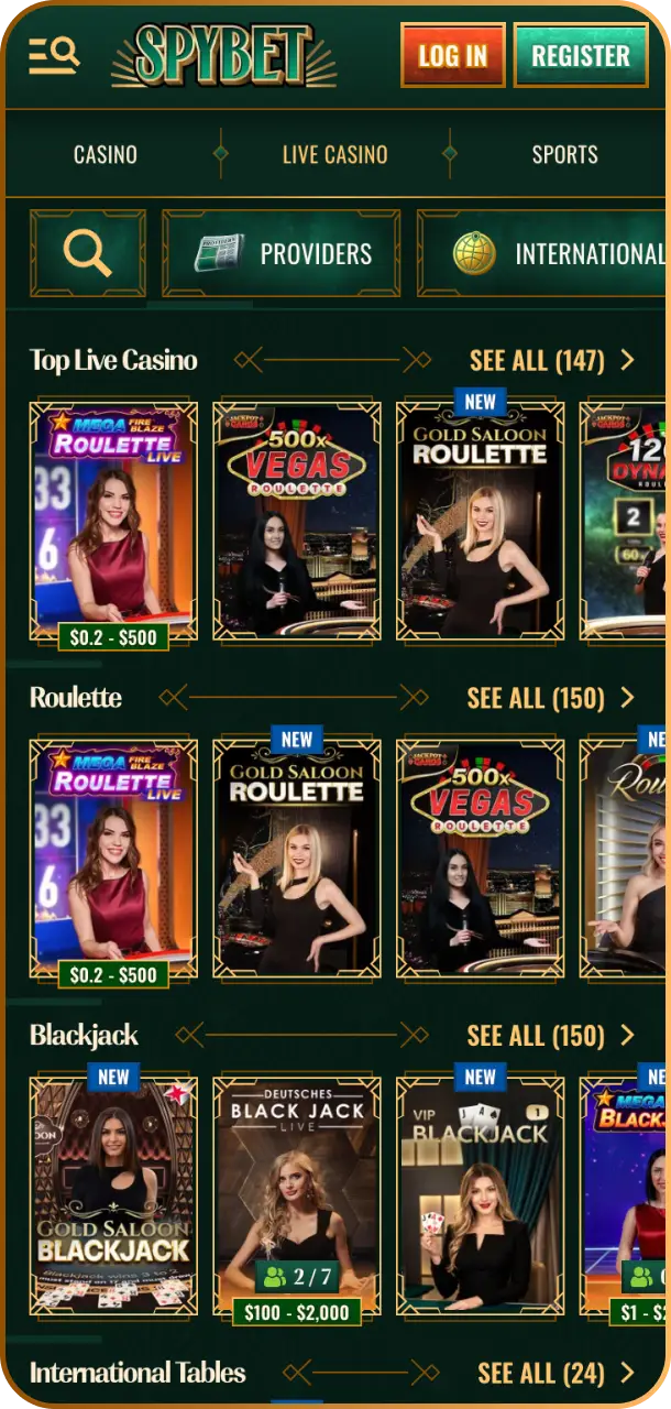 Experience real-time table action and interactive dealers on the Spybet live casino interface.