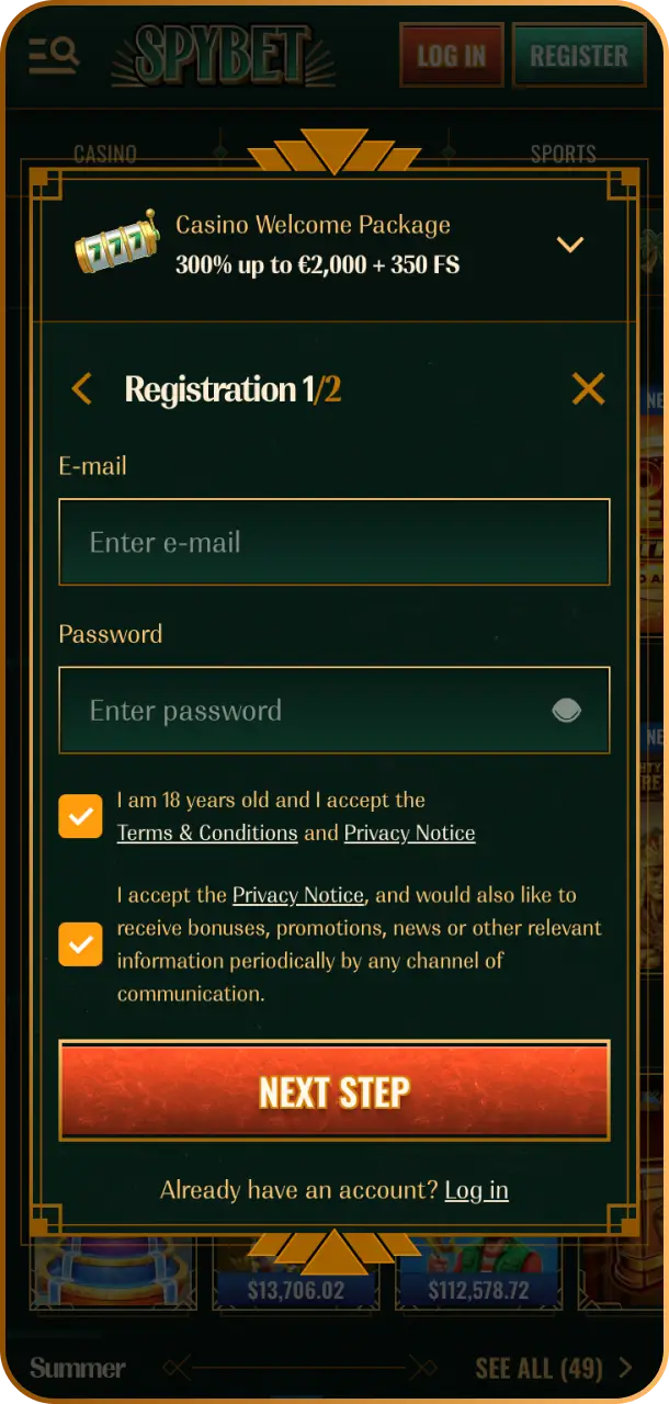 Complete quick mobile sign-up using the clean, streamlined Spybet registration interface.