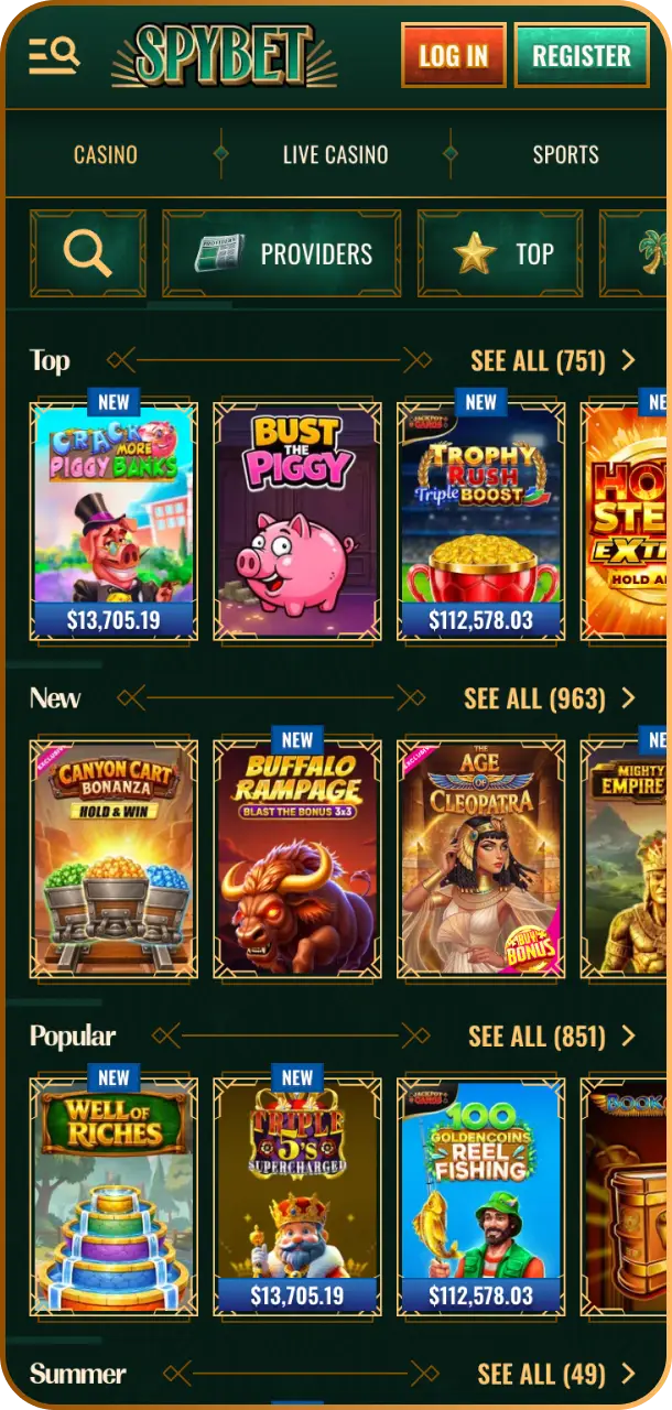 Explore thousands of top video slots and jackpot games on the dynamic Spybet slots interface.