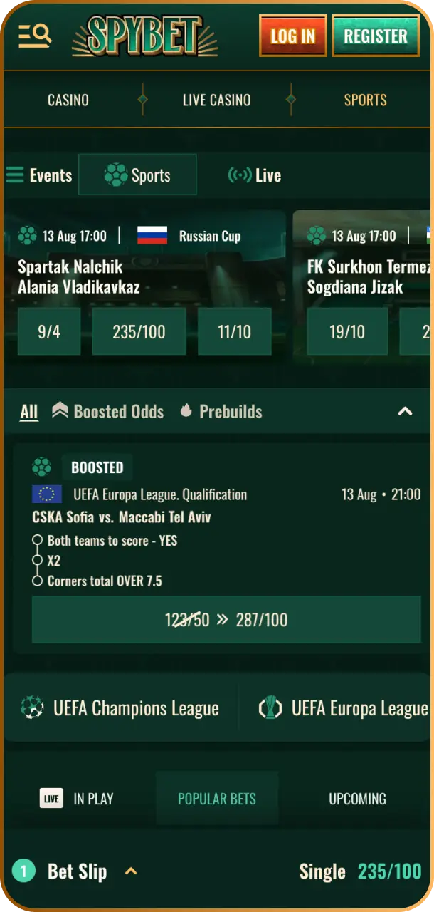 Access pre-match markets, live betting, and sports odds through the dedicated Spybet sports interface.