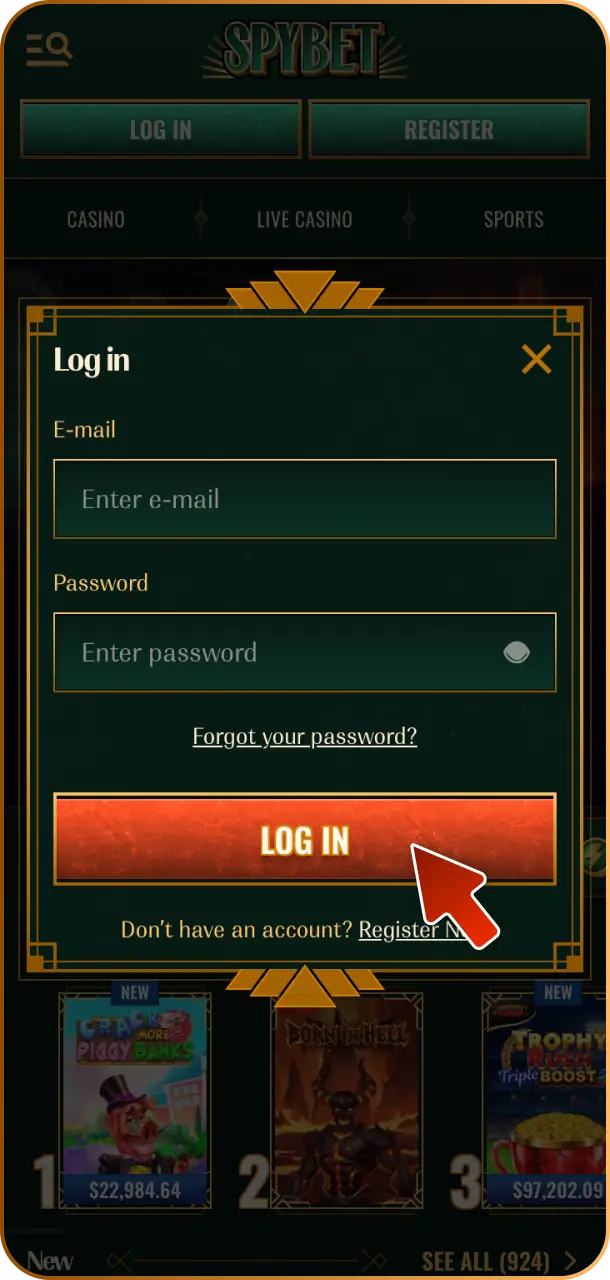 Open Spybet and sign in to your personal player profile.