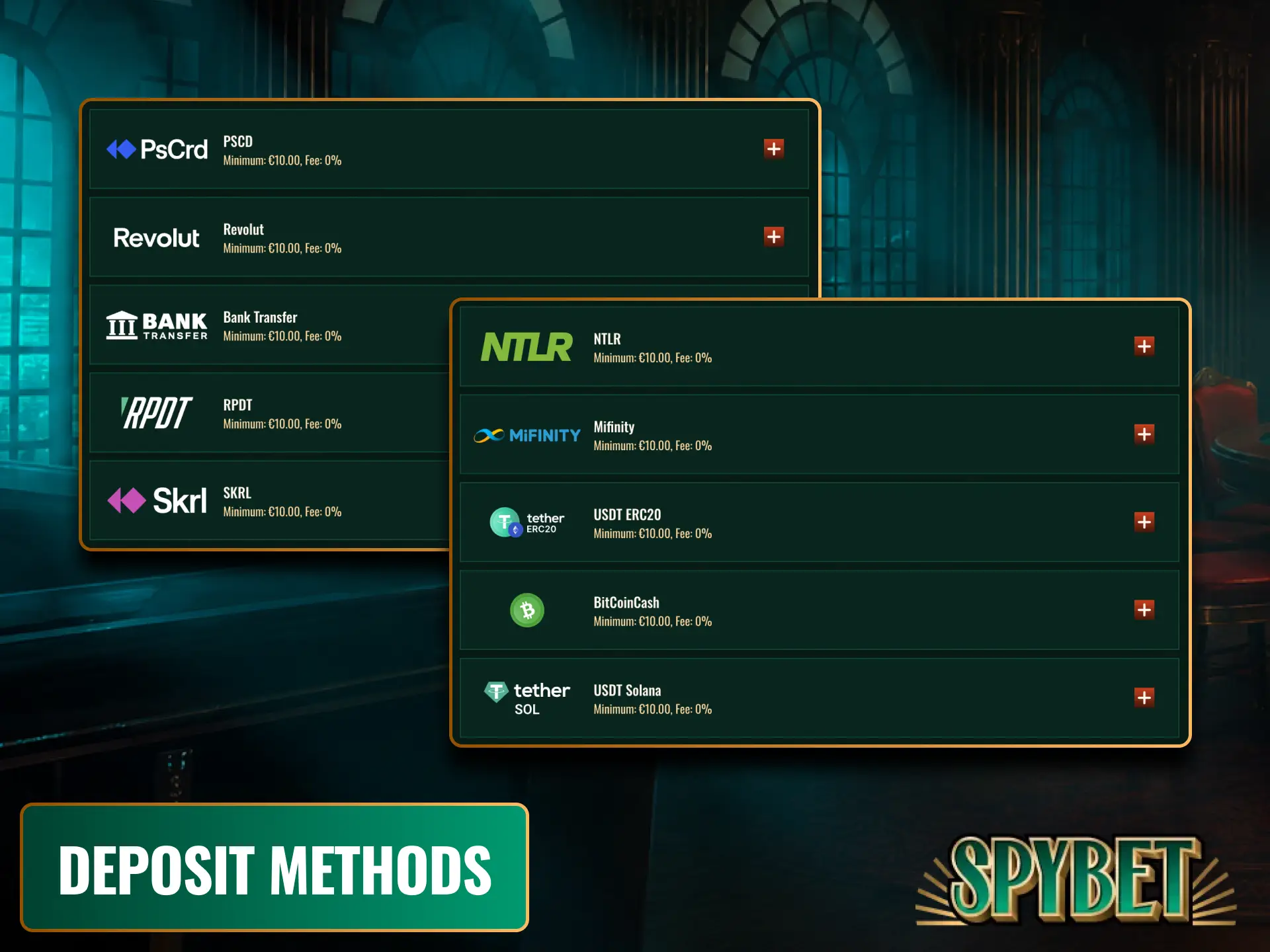 Discover popular deposit methods including cards, e-wallets, and crypto accepted at Spybet in Ireland.