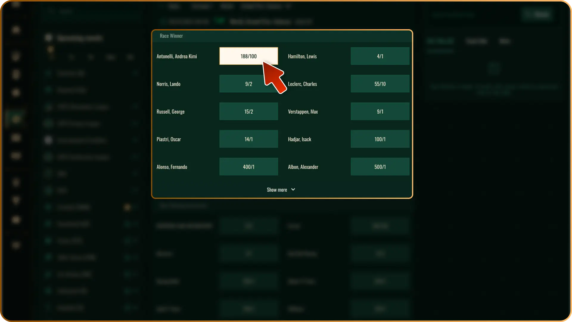 Pick a market such as Race Winner, Podium Finish, or Head-to-Head at Spybet.