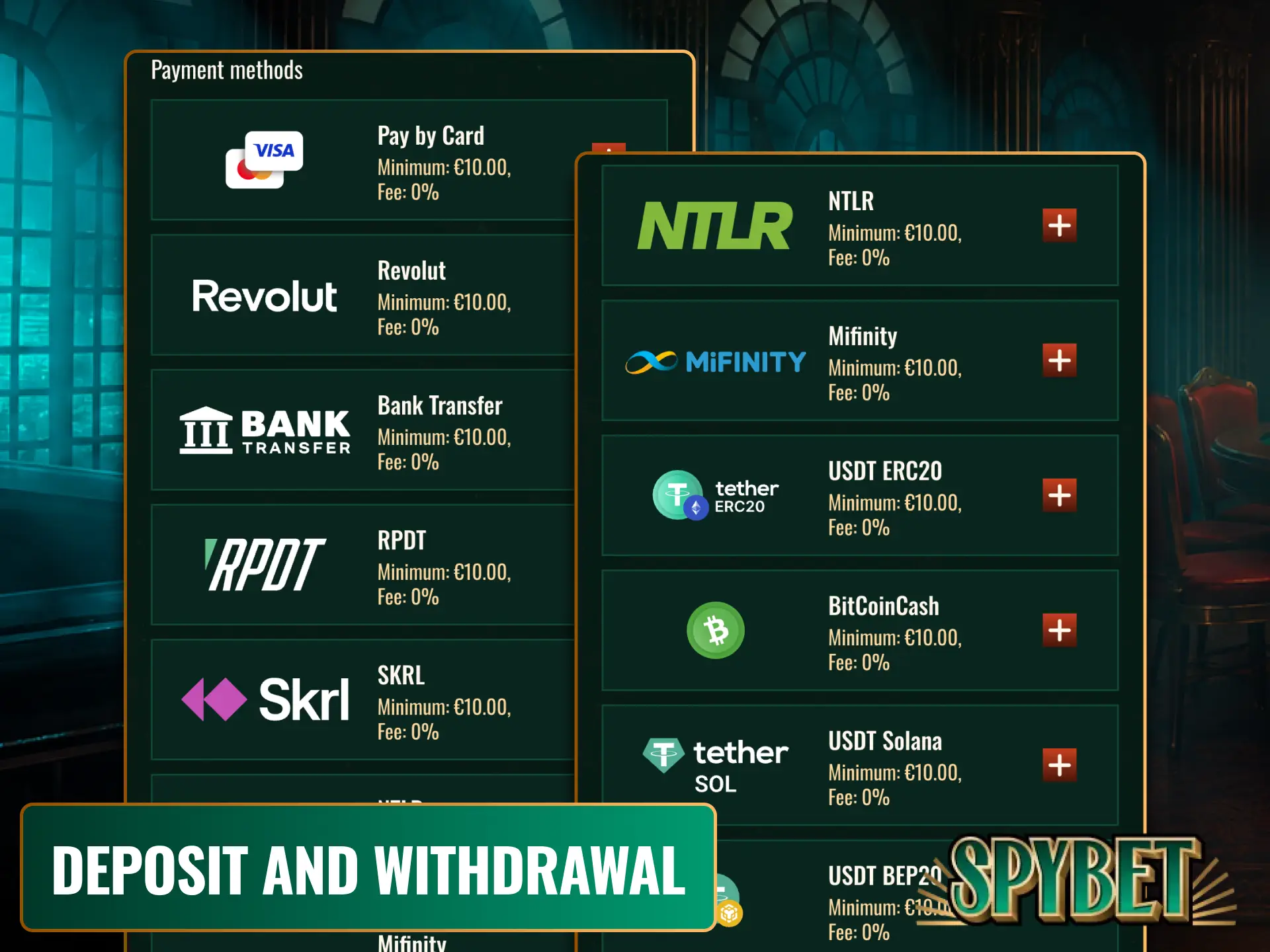 Explore convenient, fast, and secure deposit and withdrawal methods for all players at Spybet.